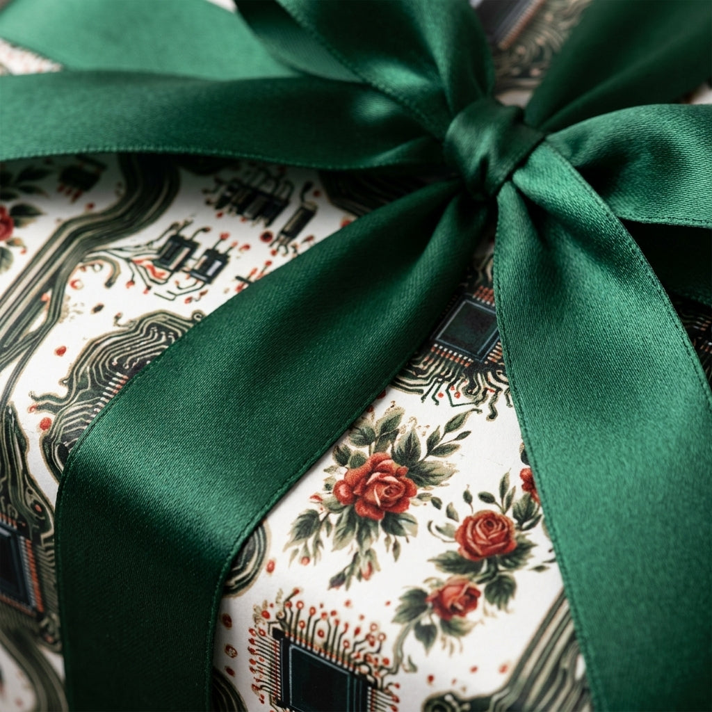 Vintage floral circuit board wrapping paper with a green satin bow, luxury gift wrap by Wrapped Studios.