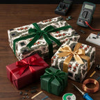 Vintage floral circuit board wrapping paper on gift boxes with velvet ribbons by Wrapped Studios.