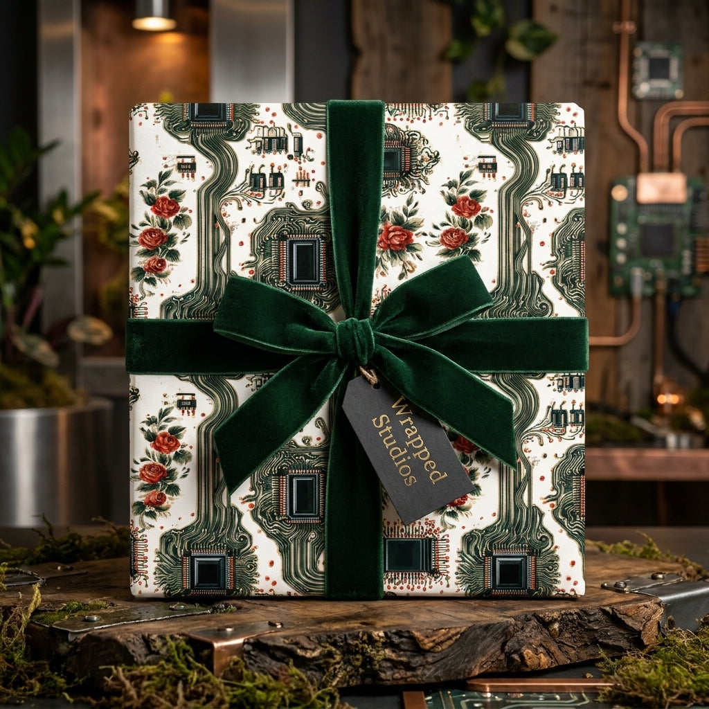 Circuit board and rose floral gift wrap with green velvet bow by Wrapped Studios.