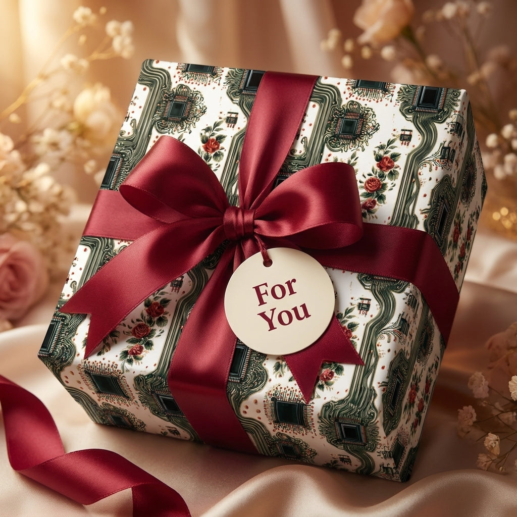 Luxury vintage floral wrapping paper with a burgundy ribbon and 'For You' tag by Wrapped Studios.