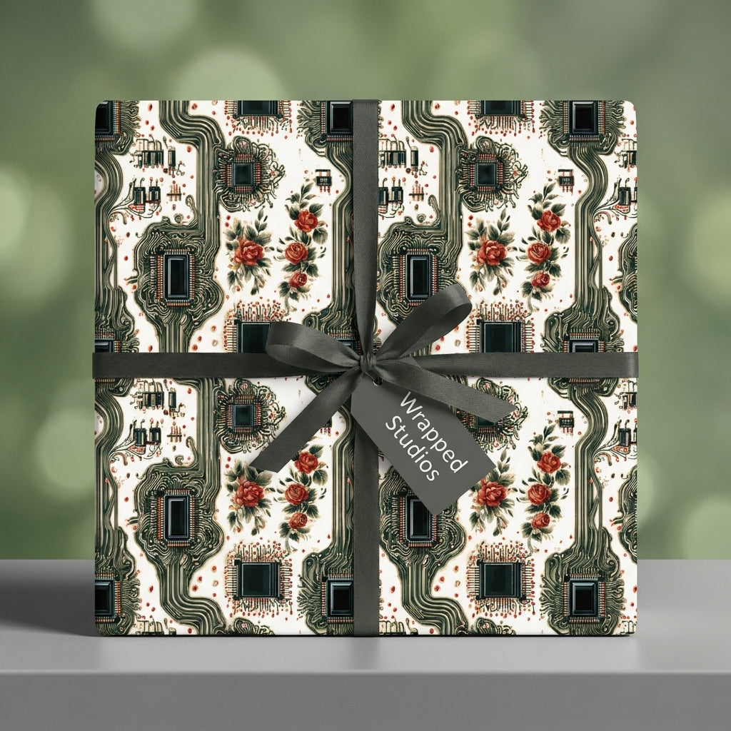 Tech floral wrapping paper with circuit boards and red roses on a gift box by Wrapped Studios.