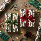 Geeky floral circuit board wrapping paper with red and green holiday bows by Wrapped Studios.