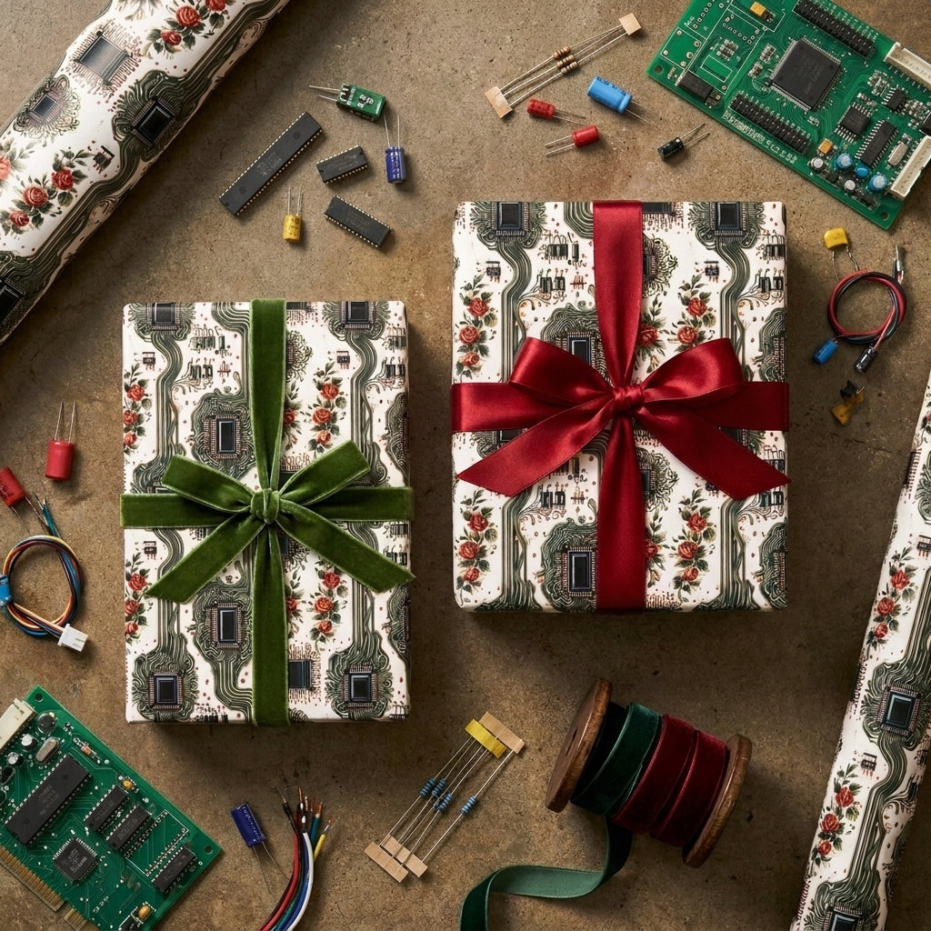 Geeky floral circuit board wrapping paper with red and green holiday bows by Wrapped Studios.