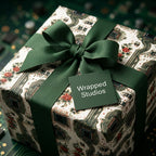 Luxury floral circuit board wrapping paper with a dark green ribbon, by Wrapped Studios.