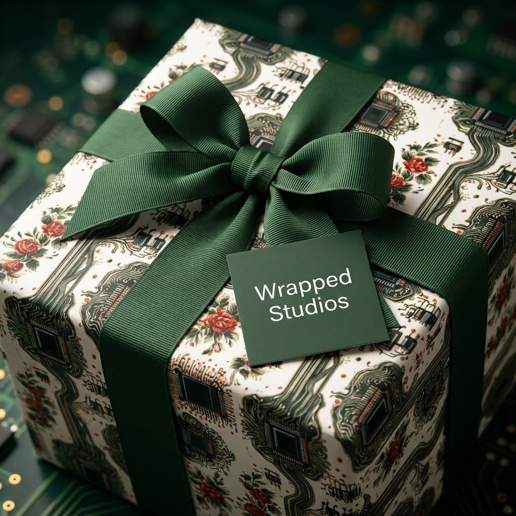 Luxury floral circuit board wrapping paper with a dark green ribbon, by Wrapped Studios.