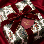 Vintage rose and circuit board gift wrap with a luxury red velvet ribbon and heart tag by Wrapped Studios.