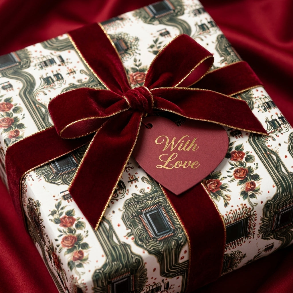 Vintage rose and circuit board gift wrap with a luxury red velvet ribbon and heart tag by Wrapped Studios.