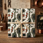 Circuit board and red rose wrapping paper by Wrapped Studios, tied with a cream velvet ribbon.