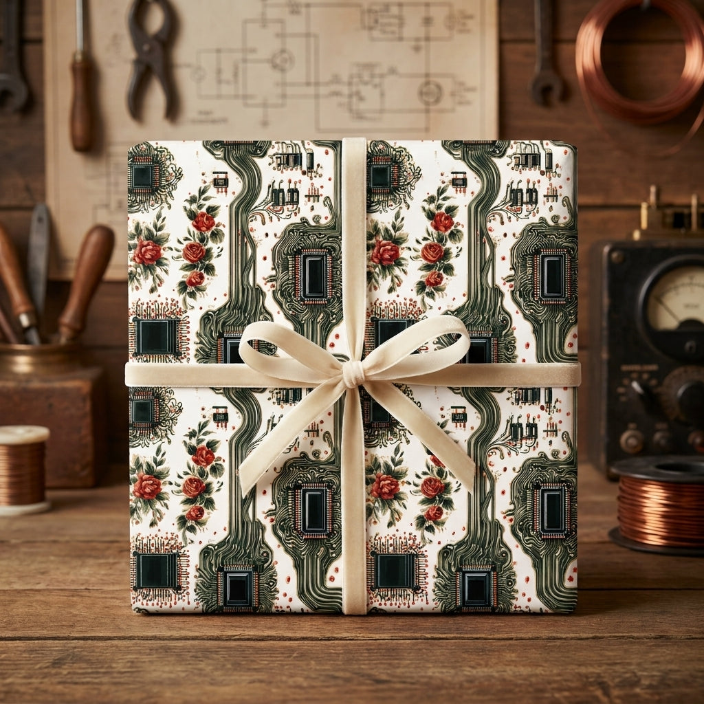 Circuit board and red rose wrapping paper by Wrapped Studios, tied with a cream velvet ribbon.