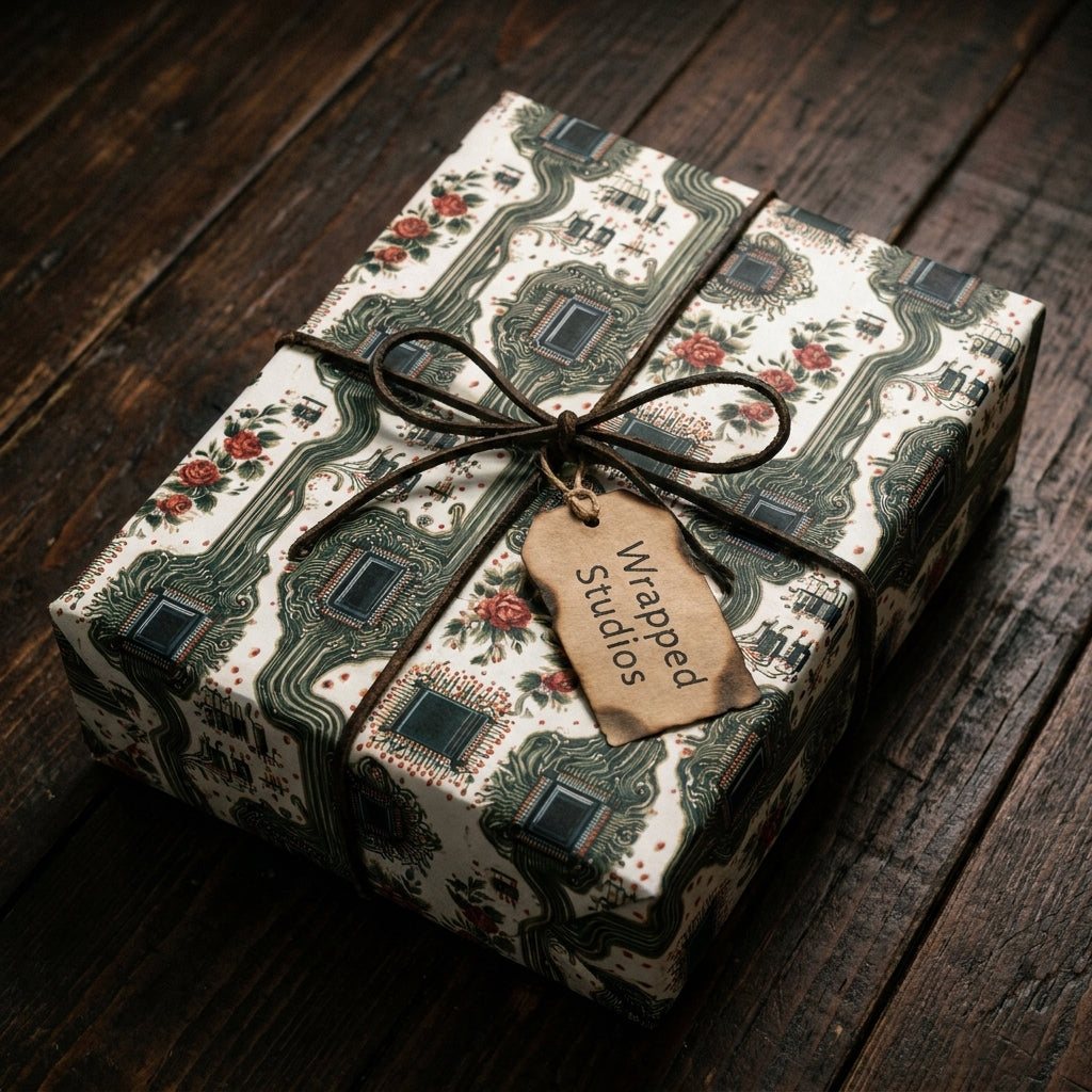 Vintage floral circuit board wrapping paper by Wrapped Studios on a gift box tied with rustic twine.