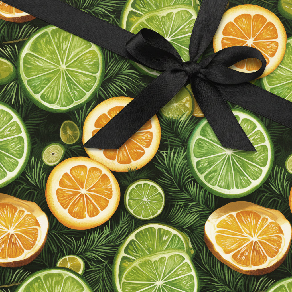Citrus fruit wrapping paper with a black ribbon bow for gifts.