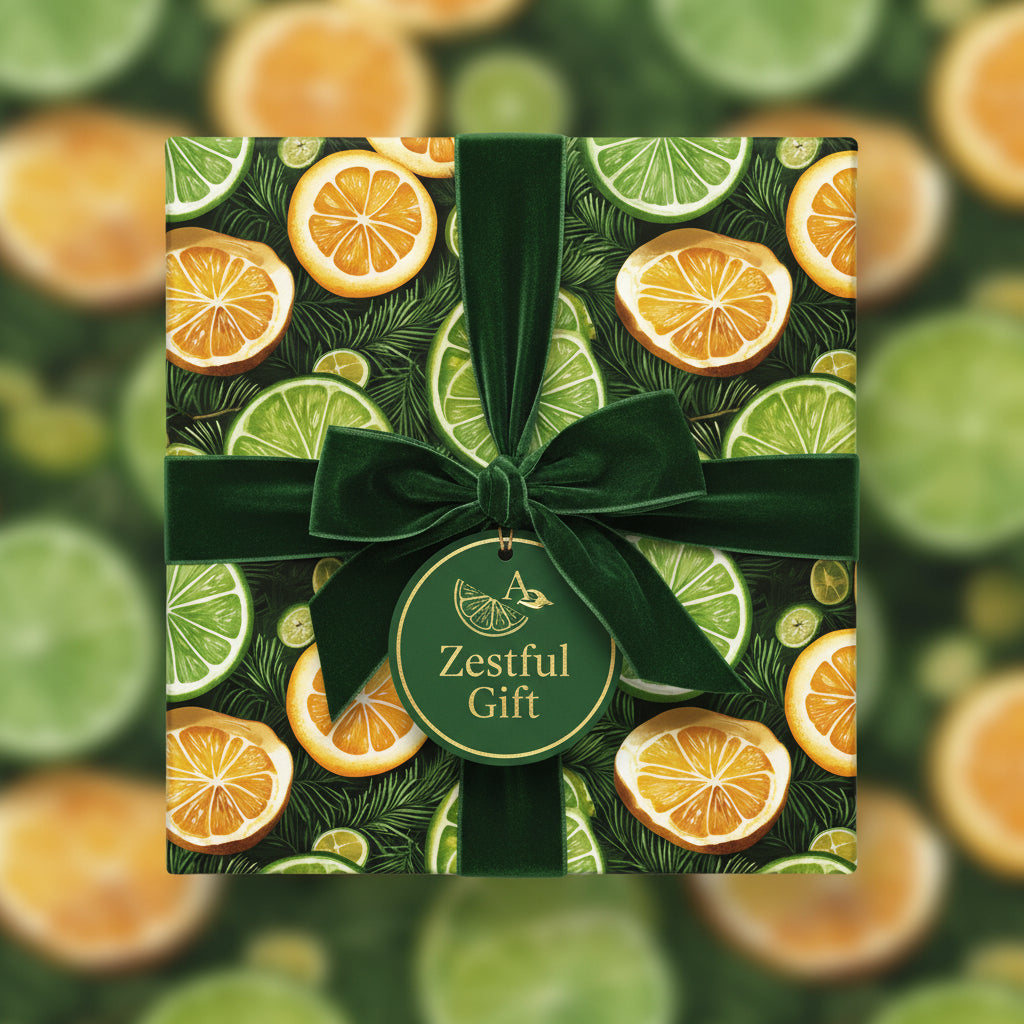 Square gift box in zesty citrus fruit wrapping paper with elegant green velvet ribbon.