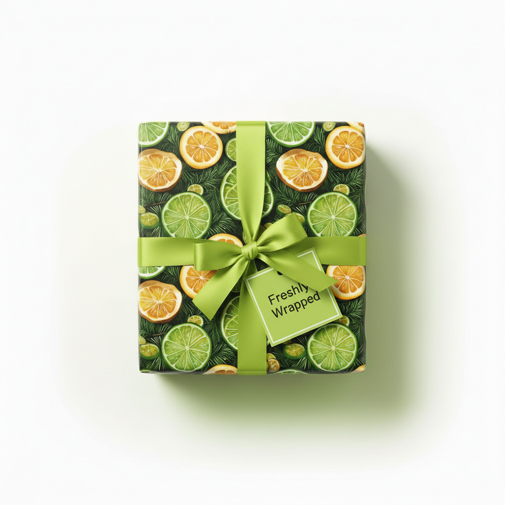 Gift box with citrus fruit wrapping paper, tied with a green ribbon and "Freshly Wrapped" tag.
