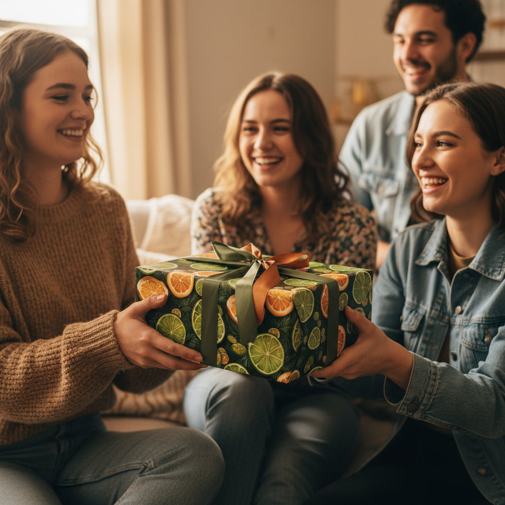 Friends exchanging a gift wrapped in citrus fruit patterned wrapping paper with ribbon bow.