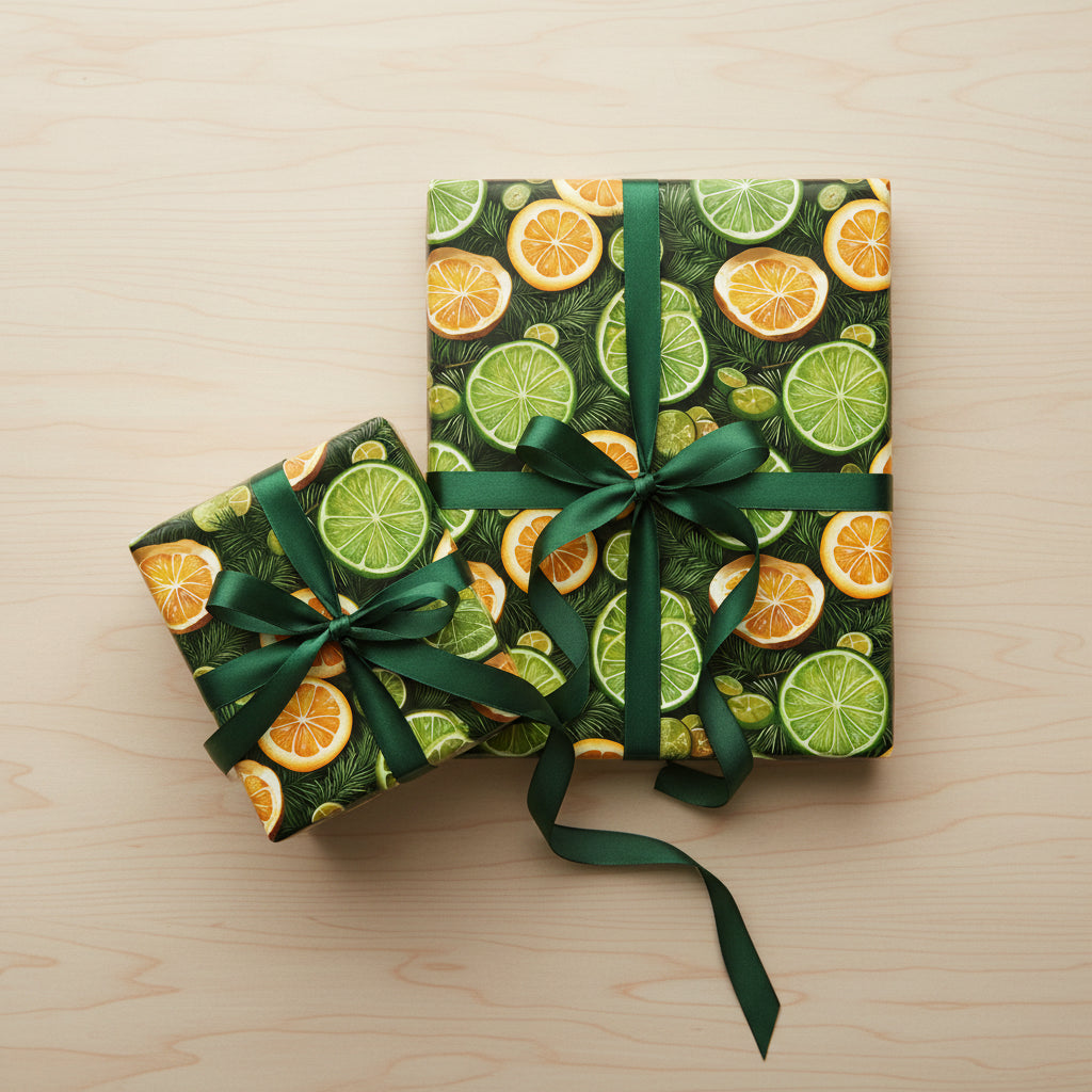 Gifts wrapped in citrus print wrapping paper with green ribbon bows on a light wood table.