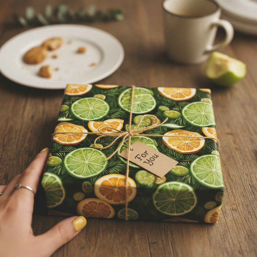 Present wrapped in citrus print wrapping paper, tied with twine and a "For You" tag.