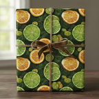Gift wrapped in green citrus wrapping paper with a brown velvet ribbon and twine.