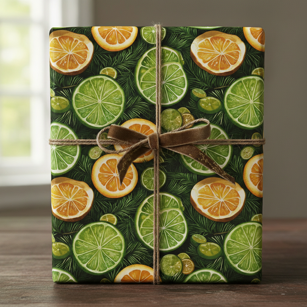 Gift wrapped in green citrus wrapping paper with a brown velvet ribbon and twine.