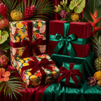 Gifts with floral fruit wrapping paper and velvet ribbon, luxurious tropical holiday present aesthetic.