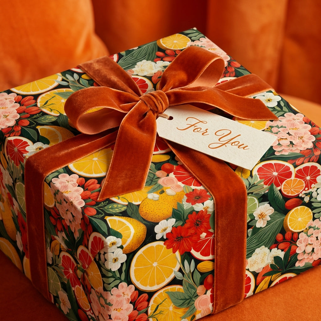 Elegant gift wrapped in floral citrus wrapping paper, finished with a velvet ribbon and "For You" tag.