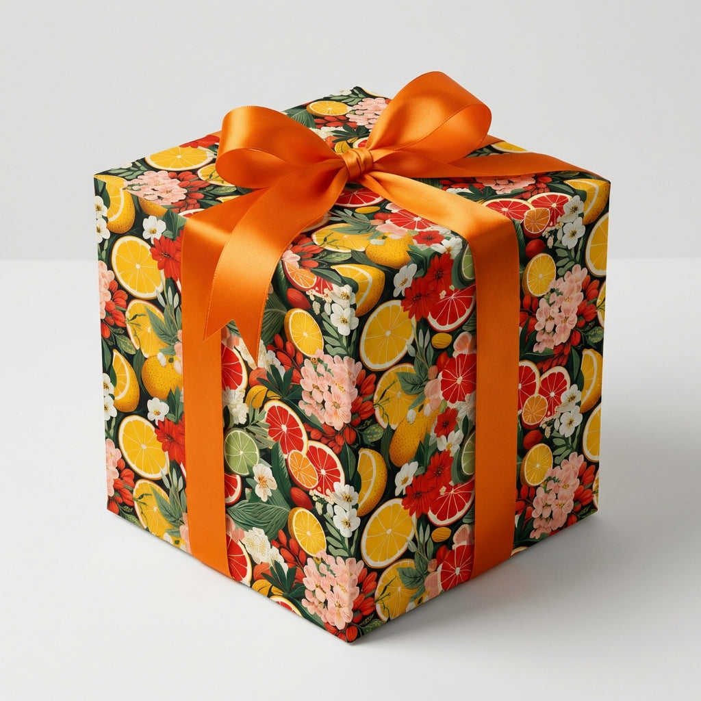 Elegant citrus floral wrapping paper with bright orange ribbon for birthday or any occasion gifts.