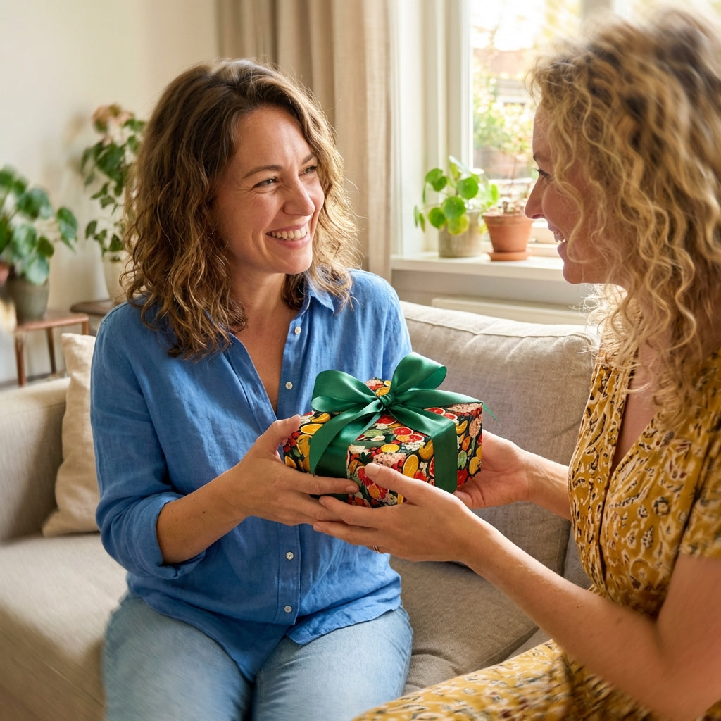 Woman giving a gift wrapped in colorful fruit-themed wrapping paper with a green ribbon.