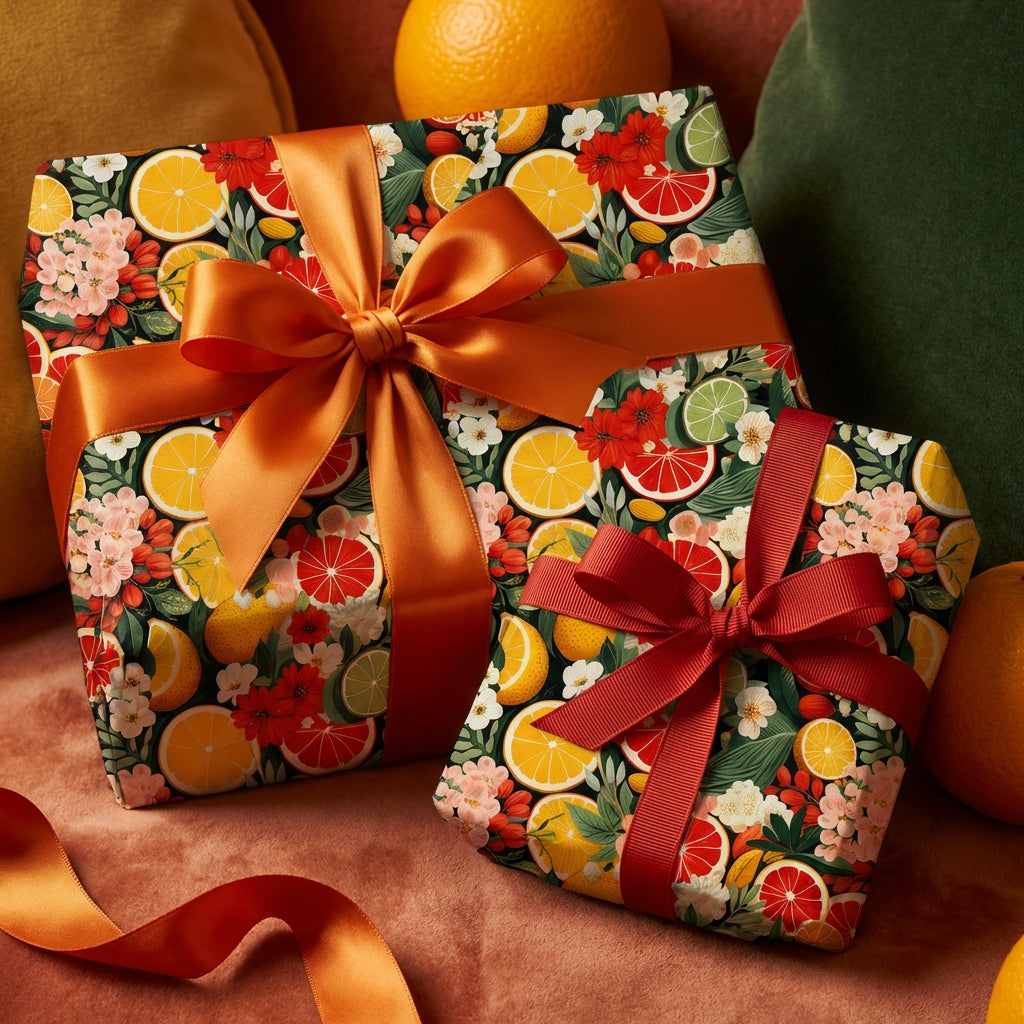 Two presents wrapped in floral citrus wrapping paper with satin ribbon.