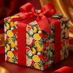 Gift box wrapped in floral citrus pattern wrapping paper with bright red ribbon.