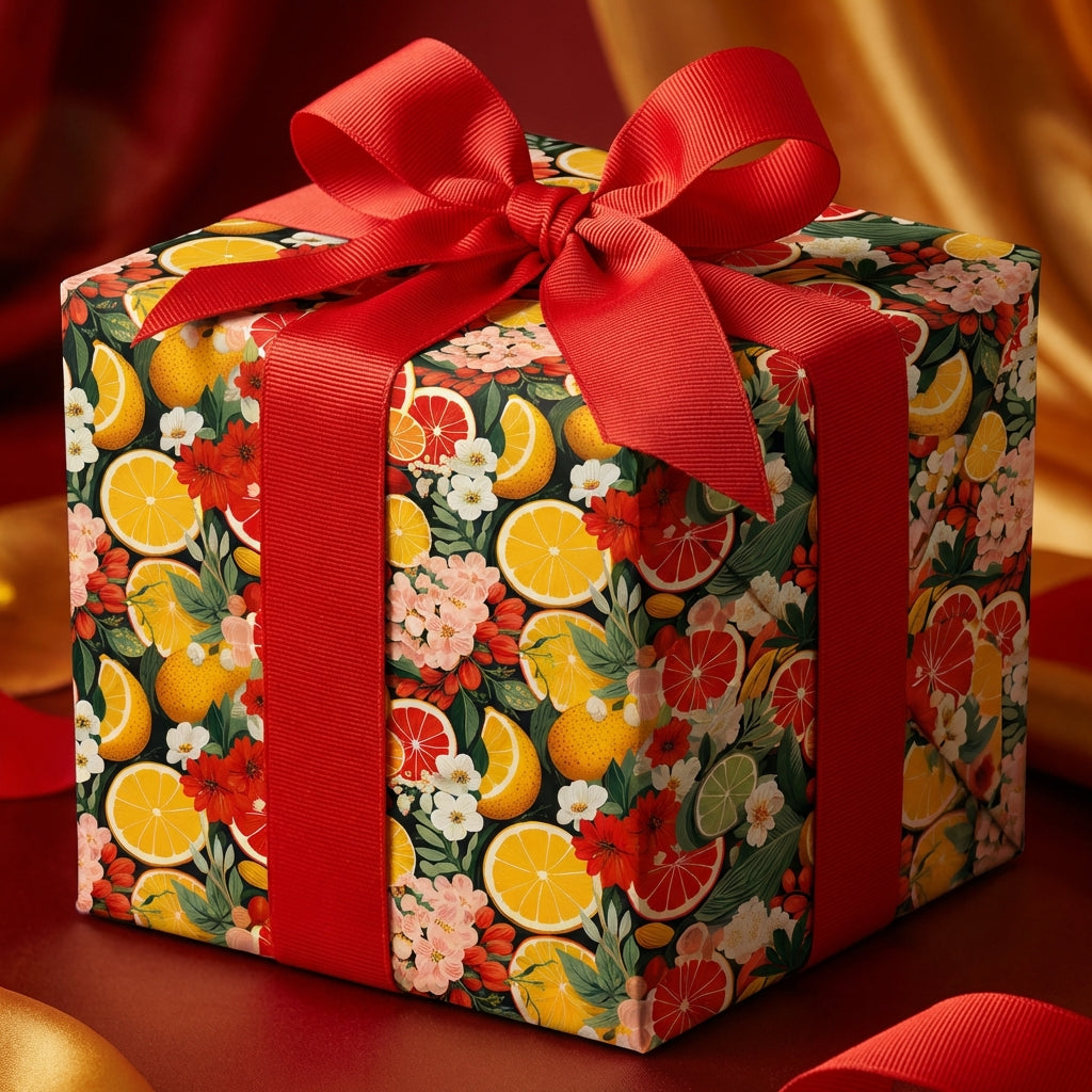 Gift box wrapped in floral citrus pattern wrapping paper with bright red ribbon.