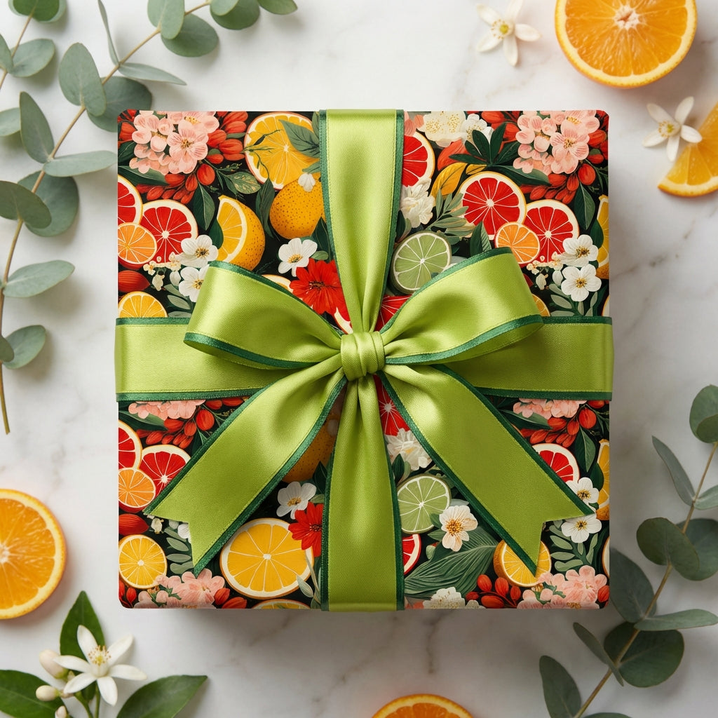 Citrus fruit & floral wrapping paper with green satin ribbon, a festive and elegant gift wrap.