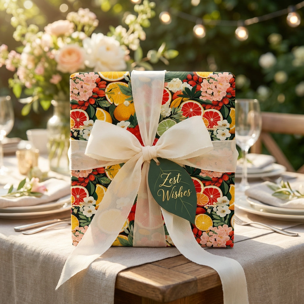 Gift box wrapped in floral citrus wrapping paper with a cream ribbon bow on an outdoor dining table.