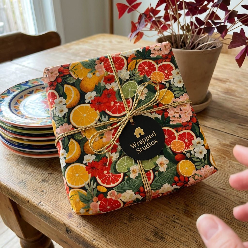 Gift box with floral and citrus design on a wooden table, featuring 'Wrapped Studios' branding.