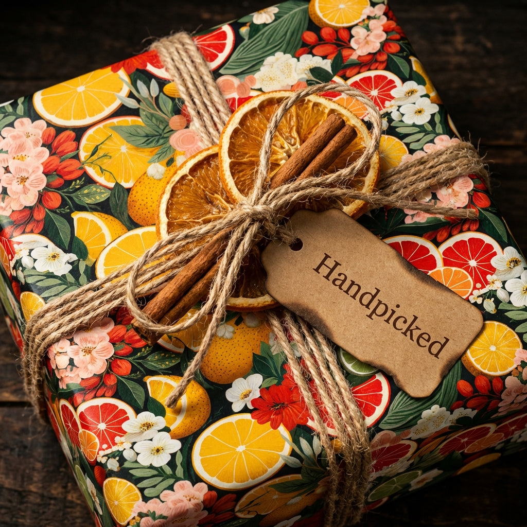 Handpicked gift wrapped in colorful citrus floral wrapping paper with dried orange slice and cinnamon stick detail.