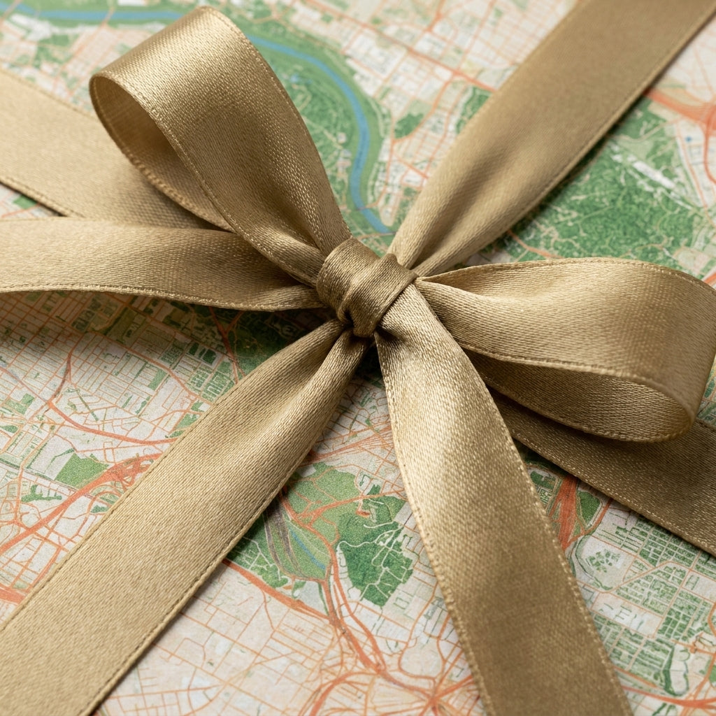 Vintage map wrapping paper with an elegant gold satin ribbon bow by Wrapped Studios.