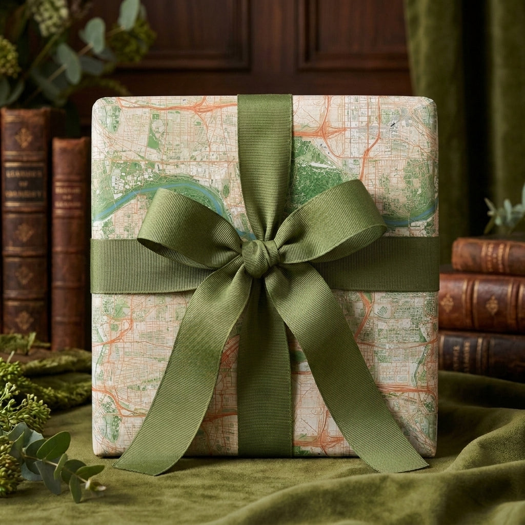 Vintage map wrapping paper with a sage green bow on a gift box, luxury gift wrap by Wrapped Studios.