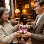 Couple exchanging gift in vintage wrapping paper with burgundy ribbon in a cozy library, by Wrapped Studios.