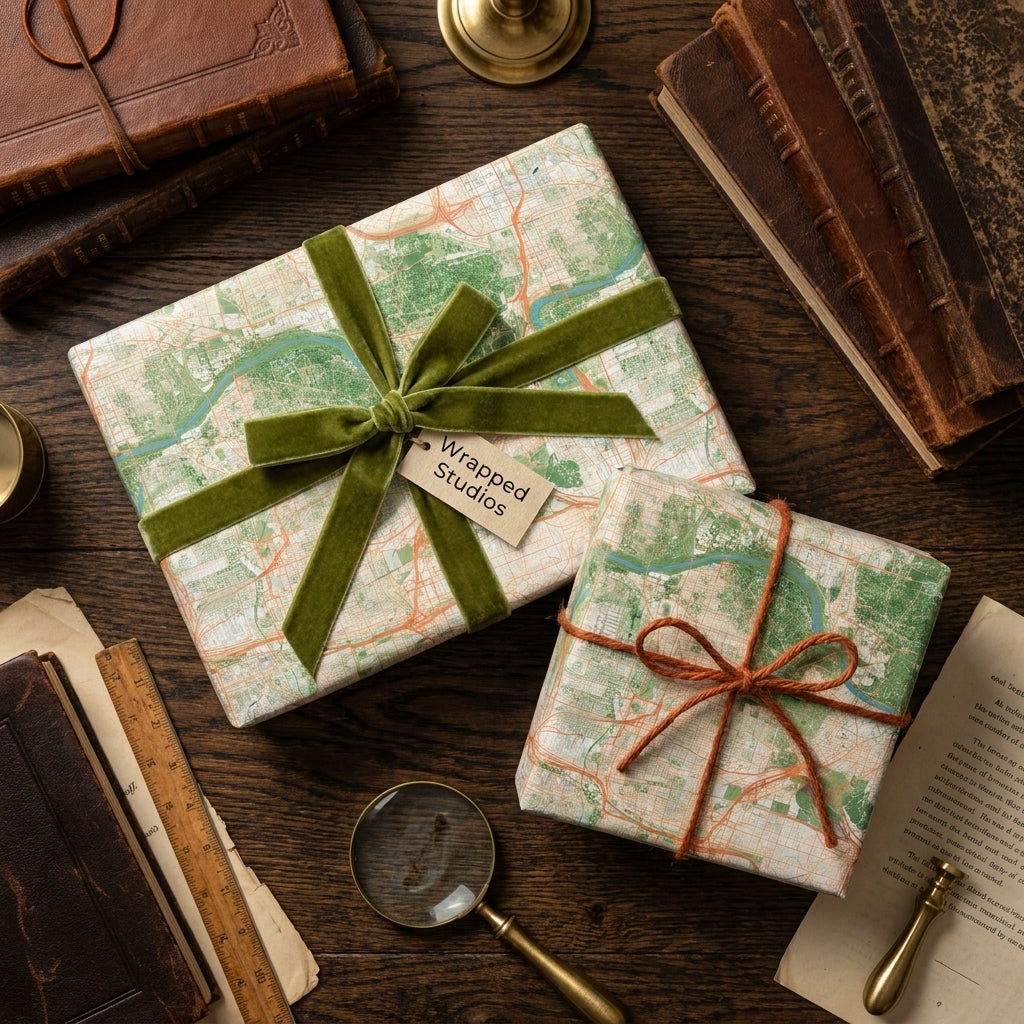Vintage map wrapping paper on gifts with green velvet ribbon and rustic twine by Wrapped Studios.