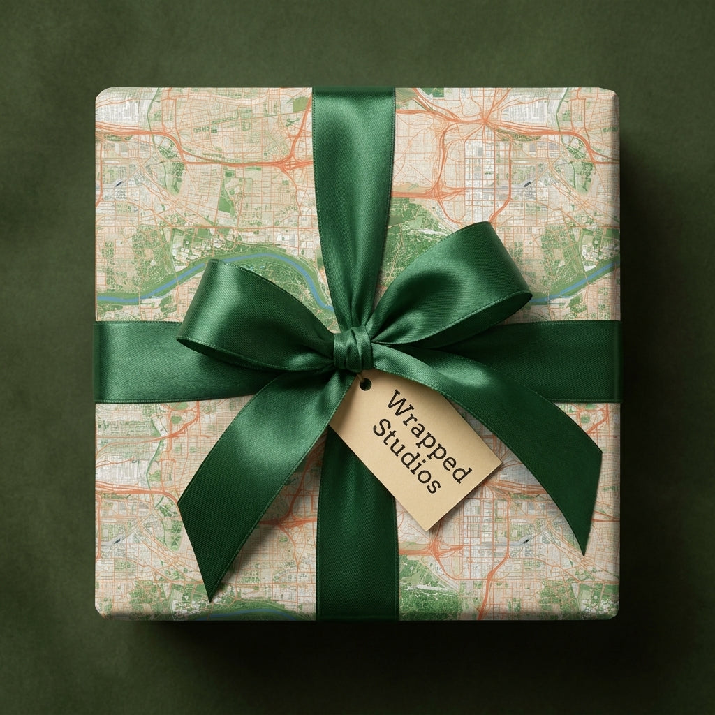 Vintage map wrapping paper by Wrapped Studios, tied with a luxury emerald green satin ribbon bow.