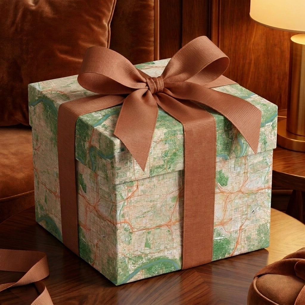 Luxury vintage map wrapping paper on a gift box with a large brown ribbon bow, by Wrapped Studios.