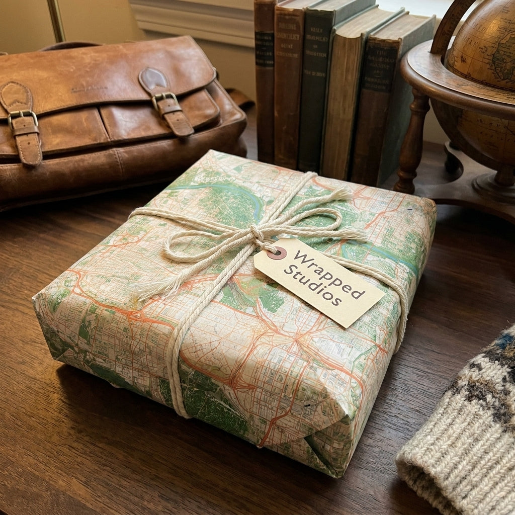 Travel-themed vintage map wrapping paper on a gift box with rustic twine by Wrapped Studios.