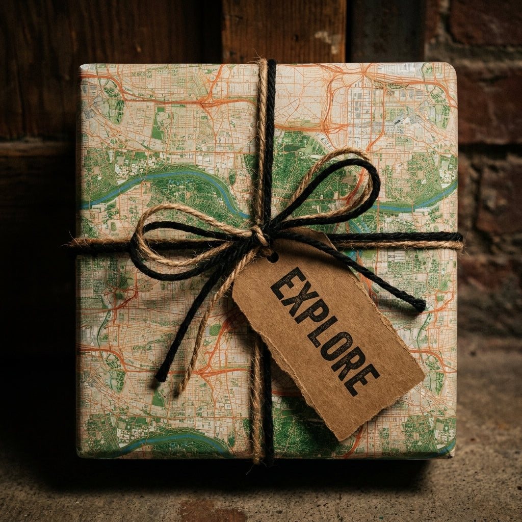 Vintage map wrapping paper with a rustic twine bow and 'Explore' gift tag, by Wrapped Studios.