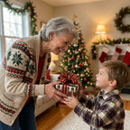 Boy receiving a gift wrapped in vintage nutcracker Christmas wrapping paper by Wrapped Studios.