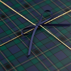 Classic green and navy tartan wrapping paper with a blue ribbon and gold string.