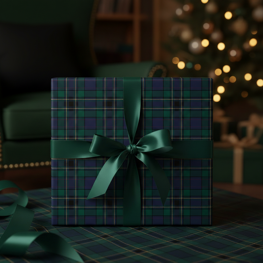 Elegant Christmas gift wrap with a classic tartan pattern and satin ribbon bow.