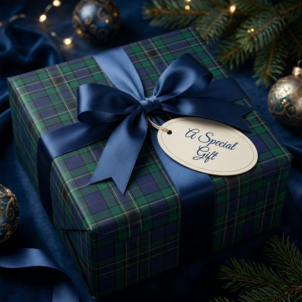 Elegant Christmas gift wrapped in plaid paper with a navy satin bow and "A Special Gift" tag.