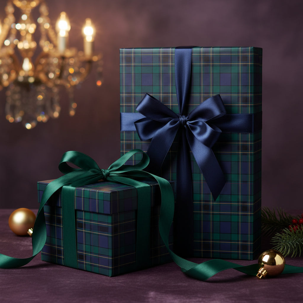 Elegant Christmas gift wrap: plaid wrapping paper with navy and emerald satin ribbons on presents.
