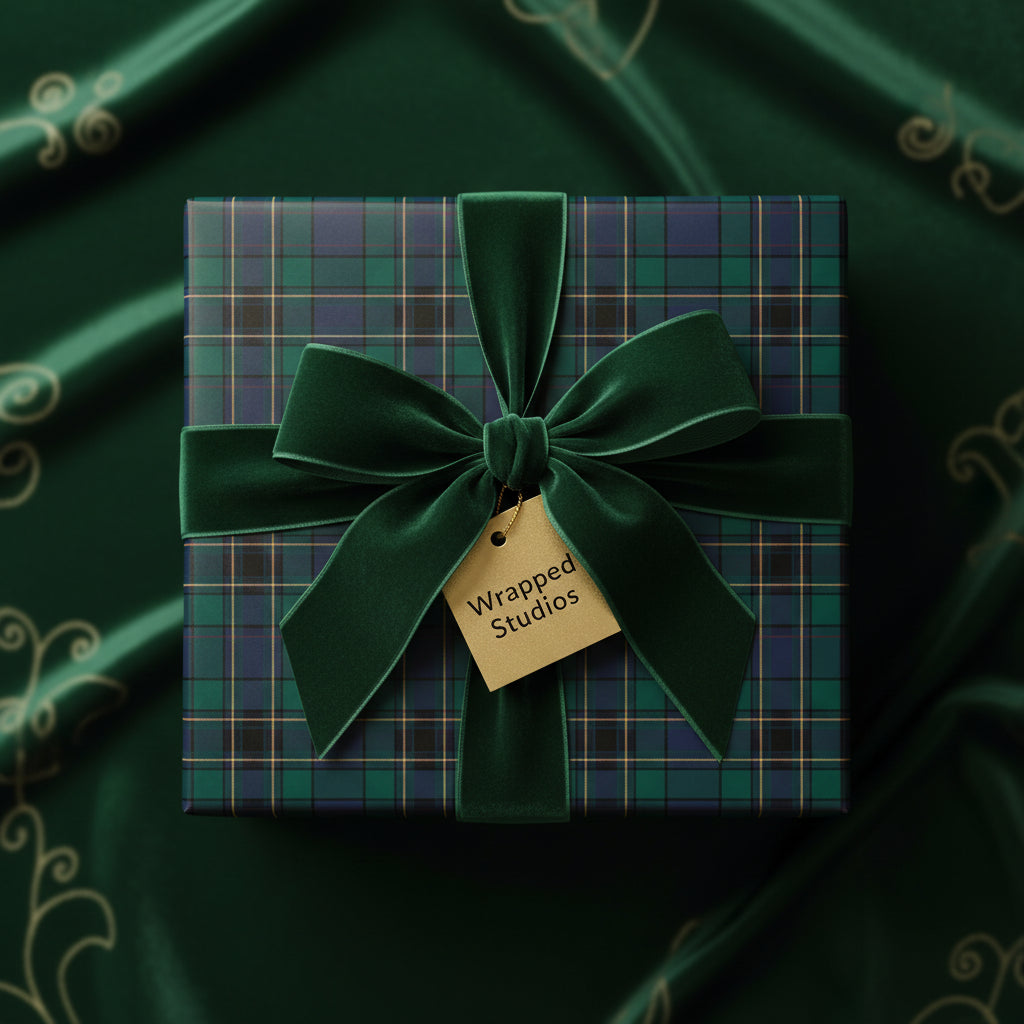 Square gift wrapped in green and blue plaid wrapping paper with velvet ribbon bow, perfect for Christmas gift wrap.