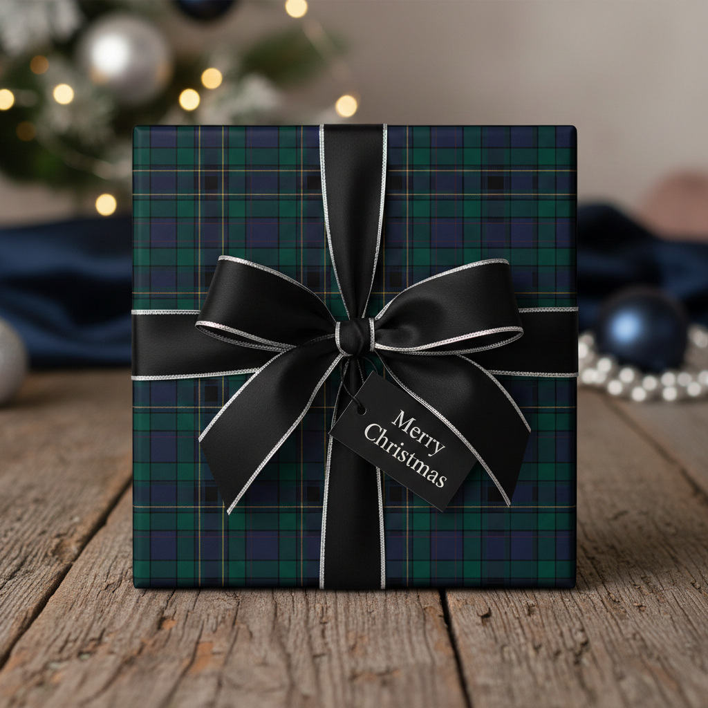 Square gift wrapped in tartan Christmas wrapping paper with black ribbon on wooden table.