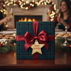 Elegant Christmas gift wrap with plaid design, red satin ribbon, and "Happy Holidays" star tag.