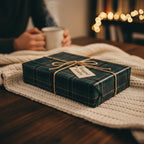 Dark green plaid wrapping paper with twine bow, cozy Christmas gift on a table.